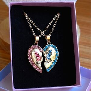 BEST FRIENDS necklace set pink blue gold butterfly rhinestones BFF gift